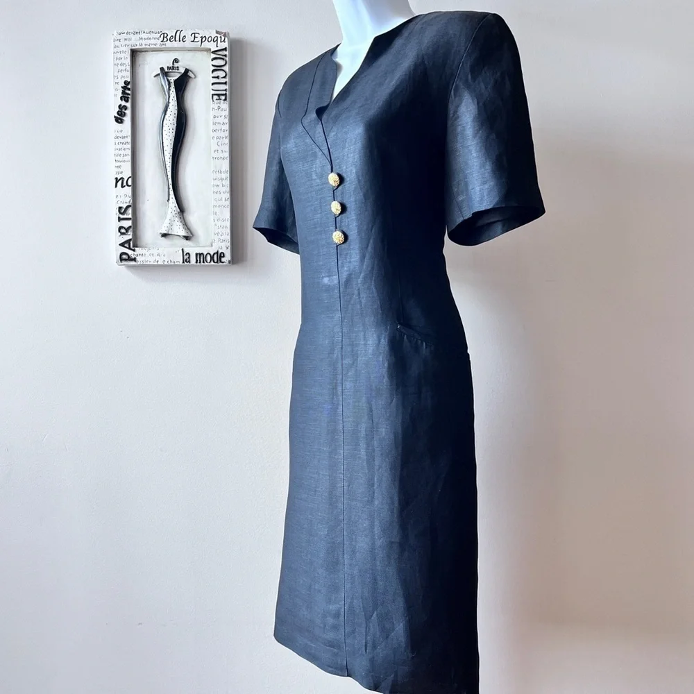 Vintage 80s Harvé Benard Short Sleeve Black Secretary Sheath Dress Size S - Picture 4 of 14